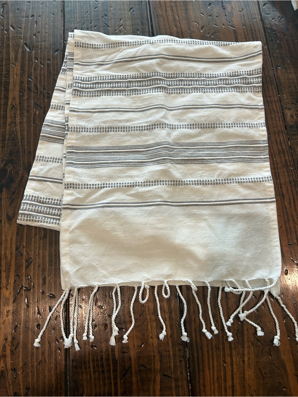 Southern Living Ivory and Gray Striped Table Runner with Fringe